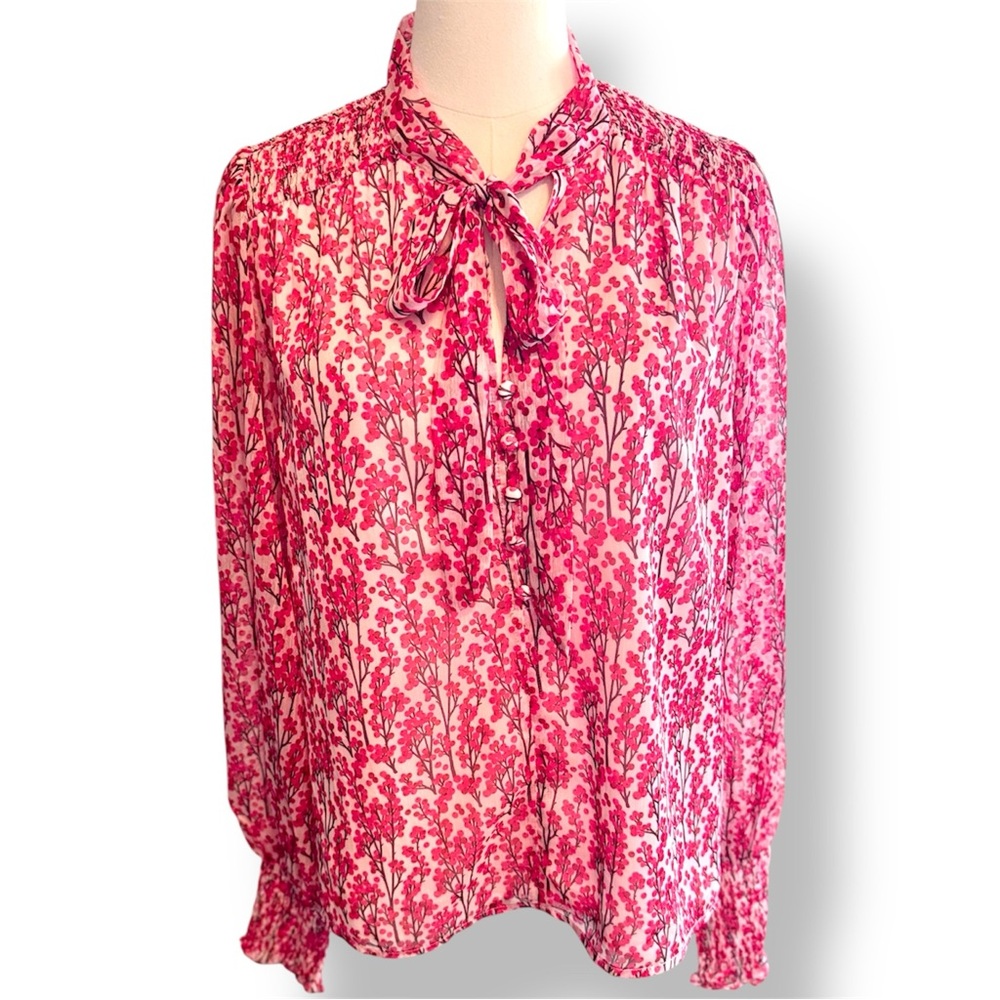 STELLAH Hot Pink Floral Blouse w Smocked Cuffs & Tie Neck